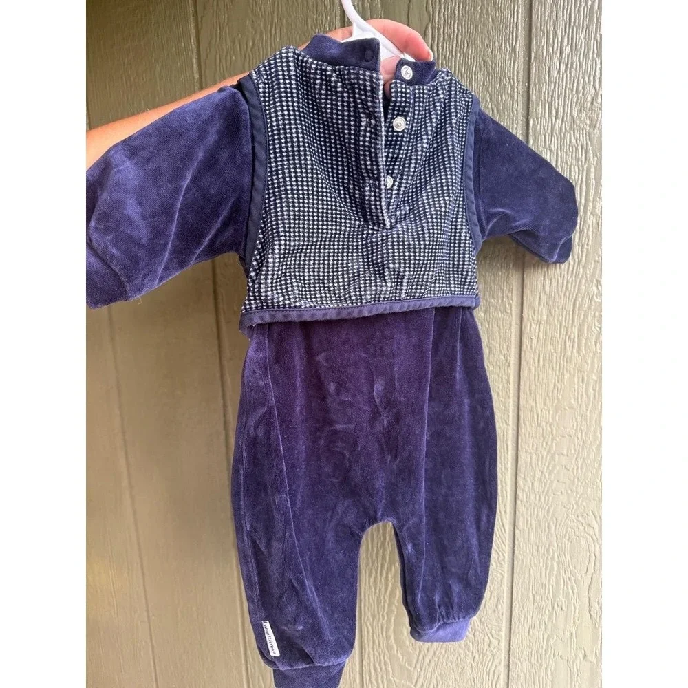 Healthtex Baby Romper Jumpsuit Girls 3-6M Purple Blue Velour Houndstooth Long Sl